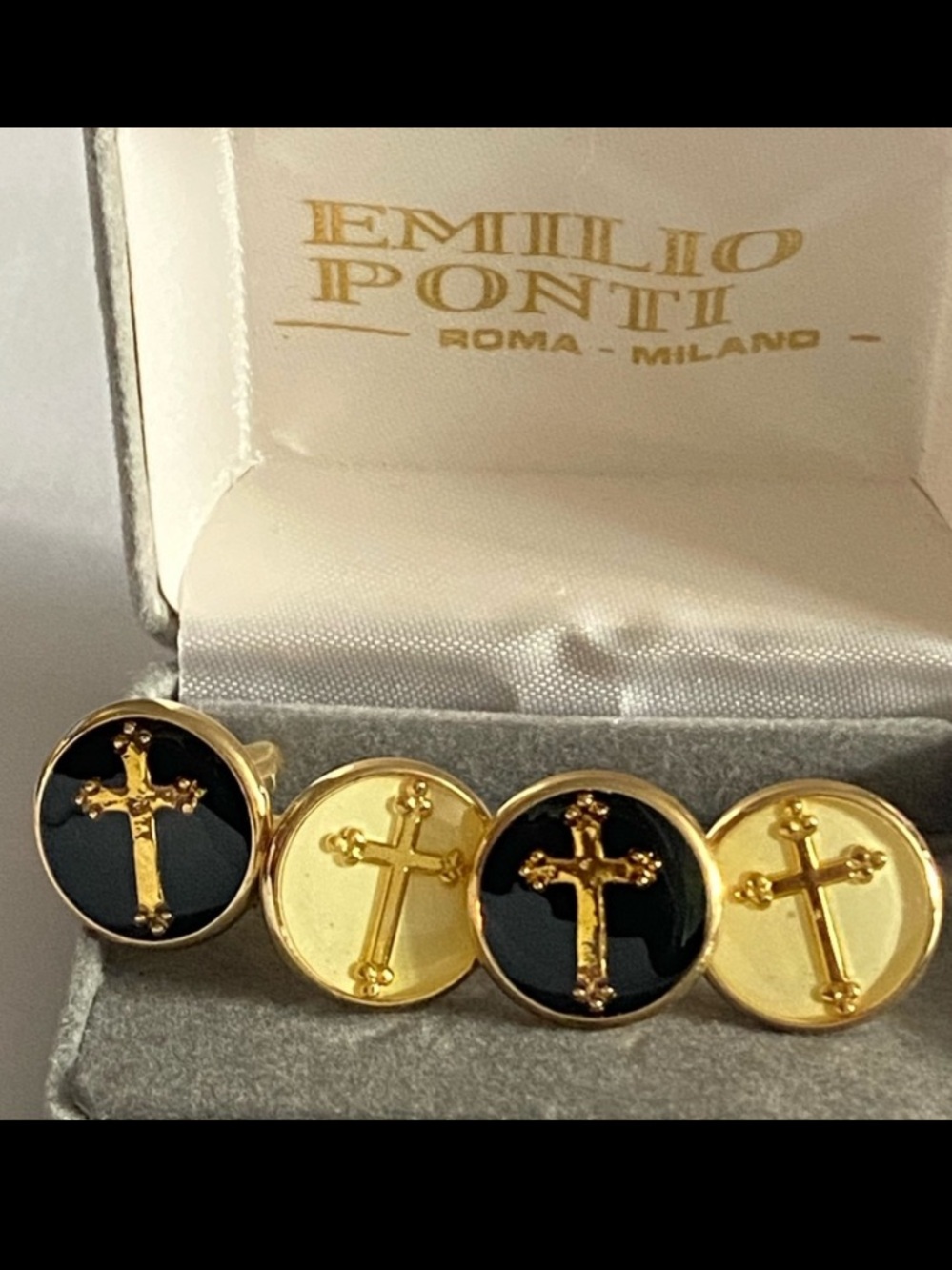 Emilio Ponti Roma Milano Gold and Black Budded Cross 2 Set of Cufflinks In Box